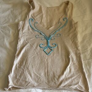 Beaded V-Neck Sleeveless Tank Top - Cream with Turquoise Embellishment